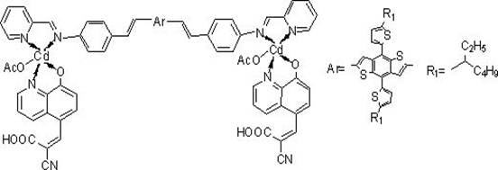 Molecular structure of BDTT-im-Cd complex showing D(-A-π-A)2 configuration with Cadmium center