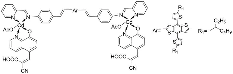 Chemical structure of BDTT-im-Cd showing the D(-A-pi-A)2 architecture with Cadmium centers
