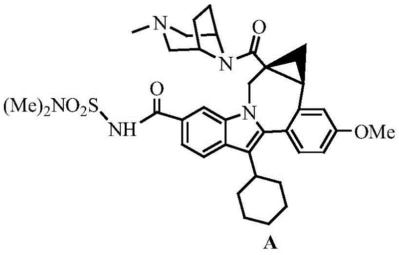 Chemical structure of Beclabuvir (Compound A) showing the complex chiral cyclopropane core