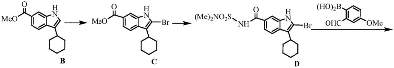 Conventional synthetic route to Beclabuvir intermediate showing low yield and resolution steps