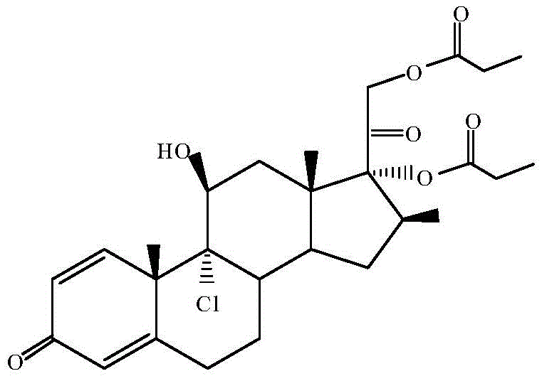 Chemical structure of Beclomethasone dipropionate showing the steroid backbone with chlorine and propionate groups