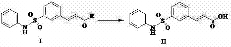 Reaction scheme showing the hydrolysis of the ester precursor to the target acid Compound II