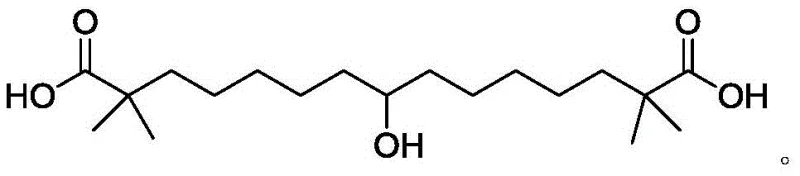 Chemical structure of Bempedoic Acid showing the long carbon chain and terminal carboxylic acid groups
