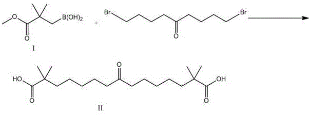 Suzuki coupling of Compound I with dibromo-ketone to form Compound II