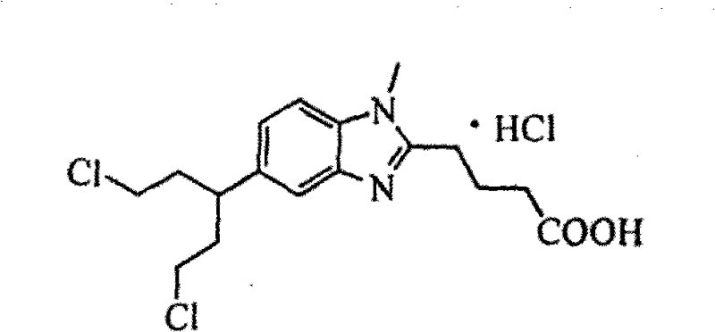 Chemical structure of Bendamustine Hydrochloride showing the benzimidazole core and bis-chloroethyl side chain
