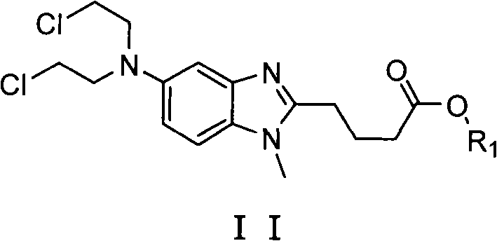 Chemical structure of the key bendamustine intermediate Formula II showing the variable ester group R1