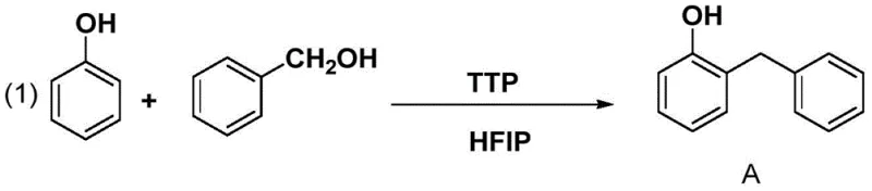 Reaction scheme showing the TTP/HFIP catalyzed benzylation of phenol to form o-benzylphenol