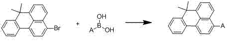 General synthesis reaction scheme showing Suzuki coupling of 3-bromo-7,7-dimethyl-7H-benzanthracene with boronic acid