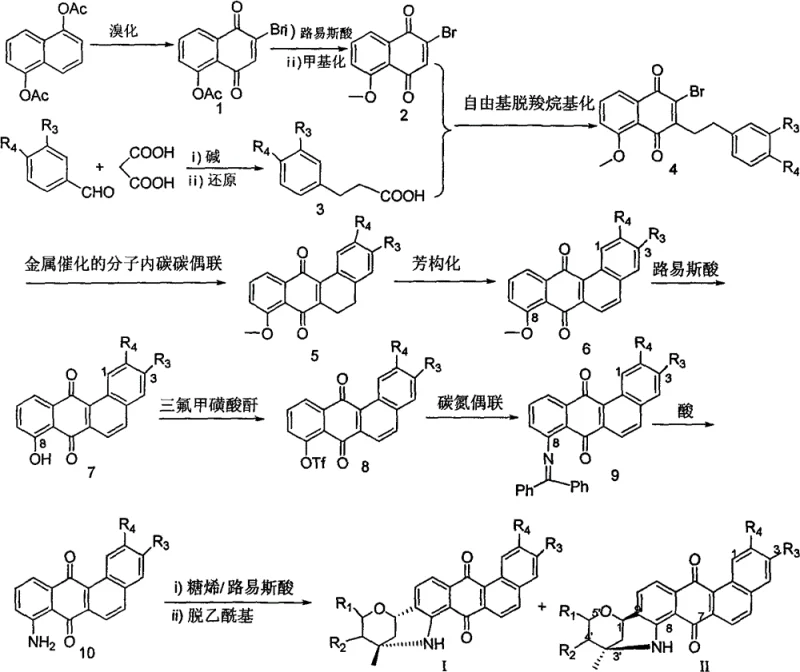 Overall synthetic route for benzanthracycline compounds showing key intermediates