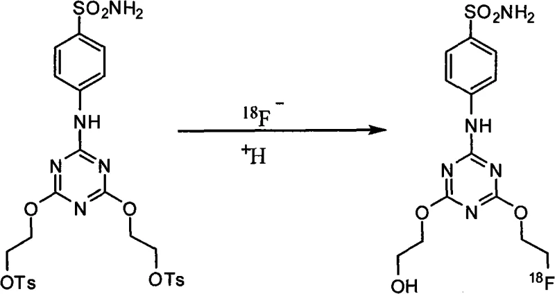 Radiolabeling reaction scheme converting tosylate precursor to 18F-labeled PET probe