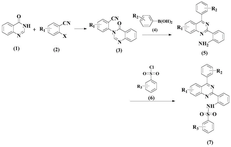 Complete three-step synthesis route from quinazolinone to final benzenesulfonamido compound showing intermediates 3 and 5