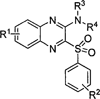 General structural formula of N-substituted-3-(benzenesulfonyl)quinoxaline-2-amine compounds showing variable R groups for SAR optimization