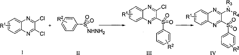 Two-step reaction scheme showing the conversion of 2,3-dichloroquinoxaline to the target amine derivative via a sulfonyl hydrazide intermediate