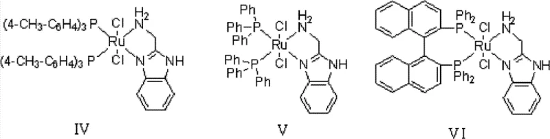 Chemical structures of specific Ruthenium transition metal complexes IV, V, and VI