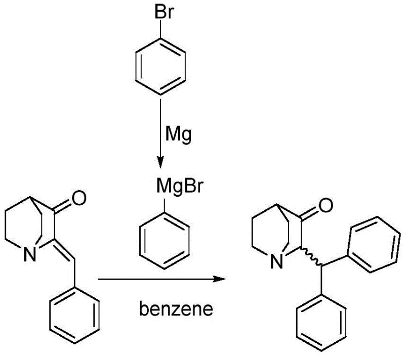 Prior art synthesis route using benzene solvent with low yield and high toxicity