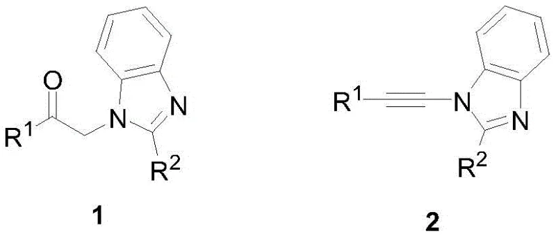 General chemical structure formulas for benzimidazole precursors and alkynylamine products