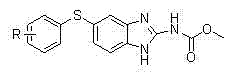 General chemical structure of 5-substituted thiophenyl-benzimidazol-2-N-methoxycarbonyl compounds