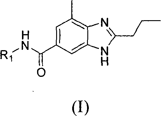 General chemical structure of 4-methyl-2-propyl-1H-benzimidazole-6-carboxamide derivatives showing variable R groups