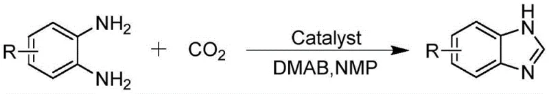 General reaction scheme for benzimidazole synthesis from o-phenylenediamine and CO2 catalyzed by mesoporous polymer