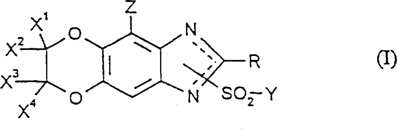 General chemical structure of Formula I showing the substituted benzimidazole core with variable sulfonyl and halogen groups