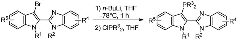 Synthesis mechanism showing lithiation and phosphination steps to form the final ligand