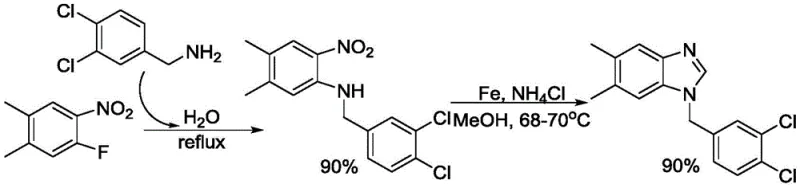 Novel two-step synthesis of antibacterial benzimidazole compound using iron catalysis