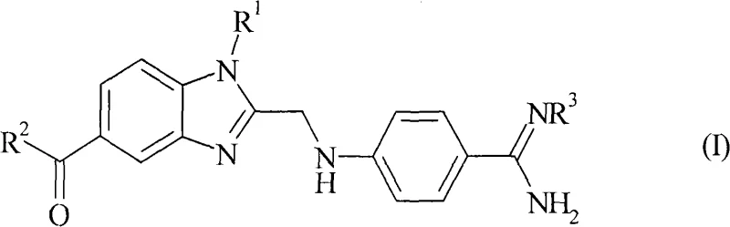 General chemical structure of 4-(benzimidazolylmethylamino)-benzamidine derivatives showing variable substituents R1, R2, and R3