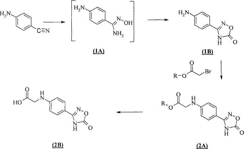 Synthesis pathway for the key intermediate 2-[4-(1,2,4-oxadiazol-5-one-3-yl)-phenylamino]-acetic acid