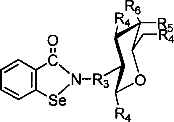 General chemical structure of benzisoselenazolone amino sugar derivatives showing variable R groups for structural diversity