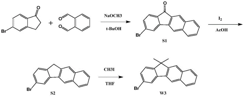 Reaction scheme for Example 1 showing the 3-step synthesis of 3-bromo-11,11-dimethylbenzo[b]fluorene
