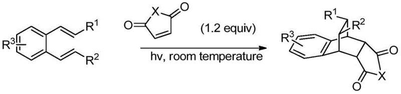 General reaction scheme showing photochemical cycloaddition of o-phenylenediene and olefin