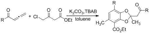 General reaction scheme for synthesizing poly-substituted benzo[1,3]dioxolanes from 1,2-allenones and ethyl 4-chloroacetoacetate