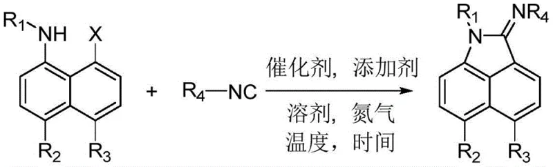 General reaction scheme showing Pd-catalyzed cyclization of 8-halo-1-naphthylamine with isonitrile