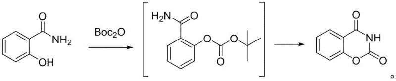 Novel synthesis route using Boc2O showing the formation of tert-butyl ester intermediate and final cyclization