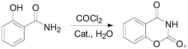 Chemical reaction scheme showing the conversion of 2-hydroxybenzamide to benzo[e][1,3]oxazine-2,4-dione using phosgene and pyridine catalyst in water