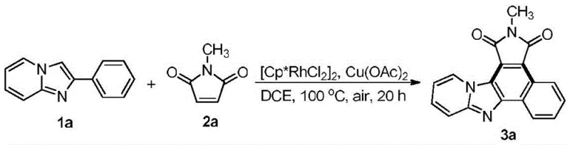 Specific example of the synthesis showing reaction conditions including catalyst loading, solvent DCE, and temperature of 100 degrees Celsius