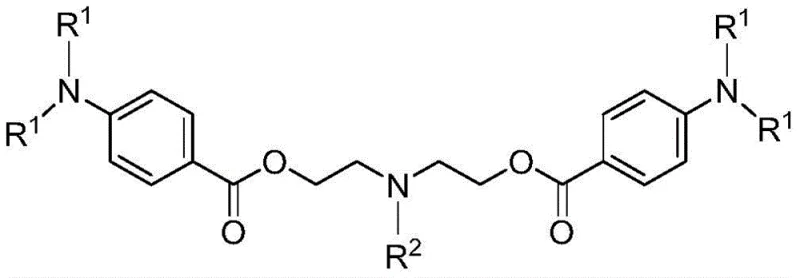 General structural formula of di(p-N,N-dialkylaminobenzoic acid)-N-alkyl diethanol amine ester showing variable alkyl groups R1 and R2