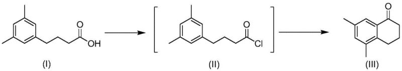 Specific example of benzocyclohexanone synthesis with dimethyl substitution achieving 98.8% yield