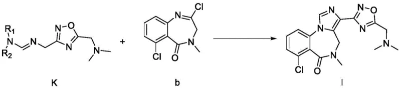 Final cyclization reaction converting Intermediate K and Compound b to Formula I