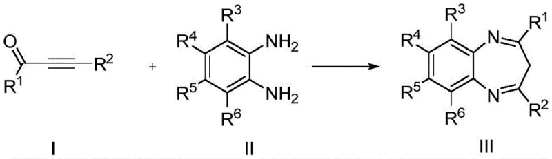 General reaction scheme showing dichlorotitanocene catalyzed synthesis of benzodiazepine derivatives from 3-butyn-2-one and o-phenylenediamine