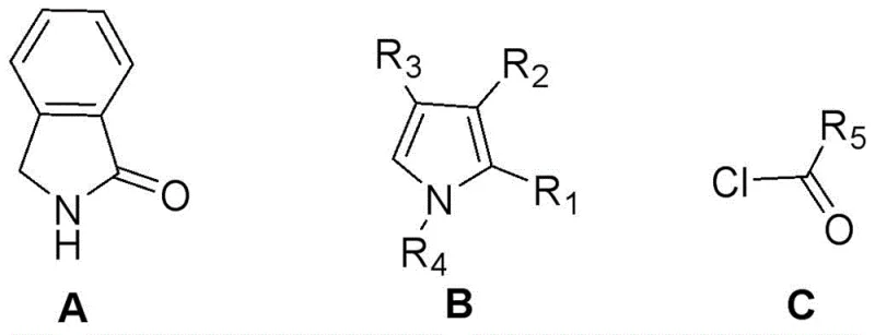 General reaction scheme showing the three-step one-pot synthesis of benzodipyrrolone fluoroboron dyes from isoindolinone, pyrrole, and acyl chloride