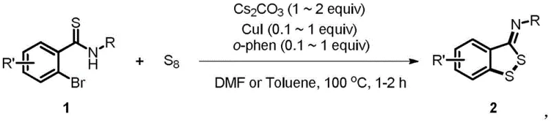 General reaction scheme showing the synthesis of benzodithiolane derivatives from 2-bromothioamide and S8 using CuI catalyst