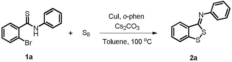 Specific example of synthesizing compound 2a from 1a using CuI and S8 in toluene