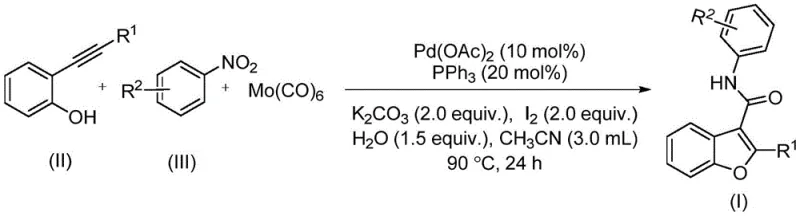 General reaction scheme for the synthesis of benzofuran-3-carboxamide using Pd catalyst and Mo(CO)6