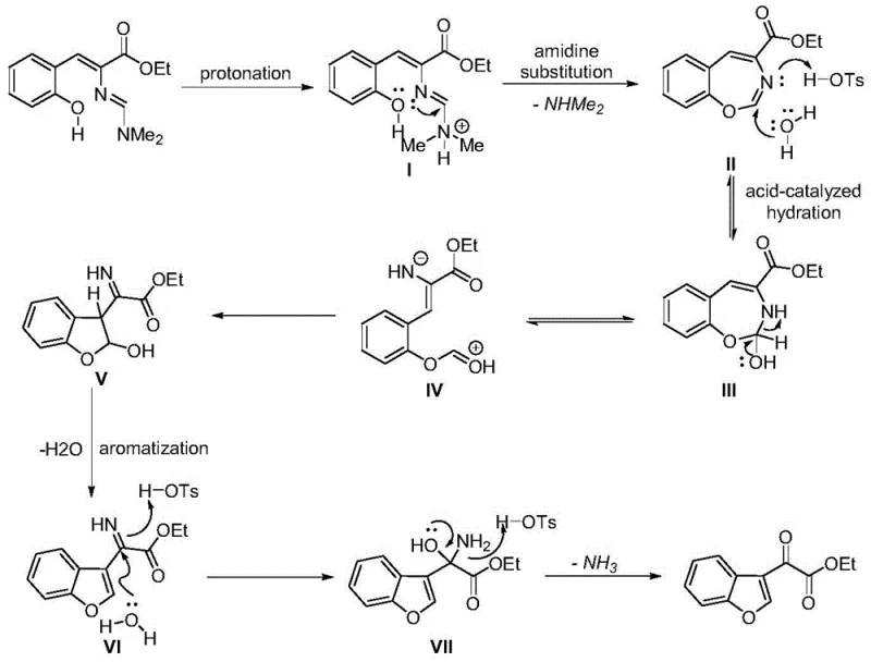 Detailed reaction mechanism showing intermediates and cyclization steps