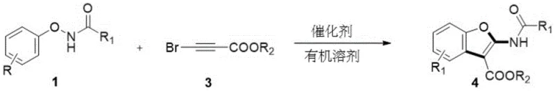 General reaction scheme showing phenoxyamide and bromopropiolate reacting to form benzofuran derivative