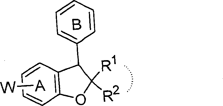 General chemical structure of benzofuran derivative Formula I showing variable substituents