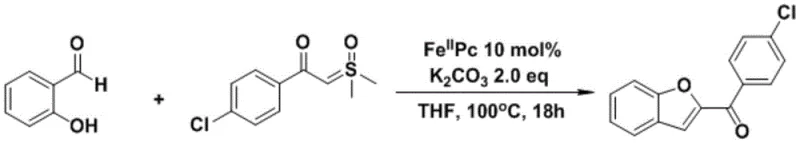 Specific embodiment reaction showing high yield conversion of salicylaldehyde to benzofuran
