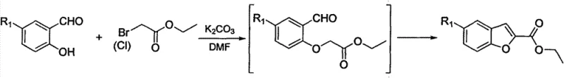 Conventional synthesis routes for benzofuran derivatives using expensive 5-substituted salicylaldehydes and bromoacetates or malonates