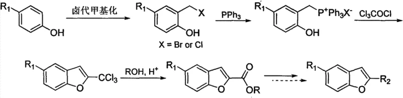 Novel synthetic route converting 4-substituted phenols to benzofuran-2-carboxylic acid esters via phosphonium salt cyclization